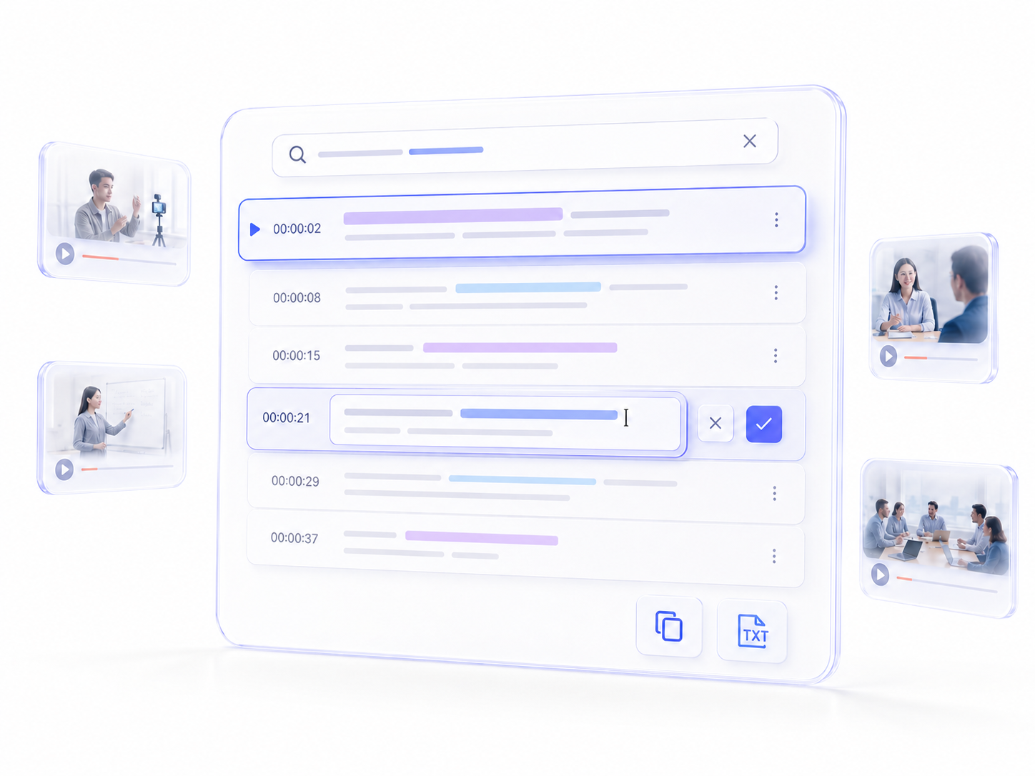 Searchable transcript view for finding key moments in a video